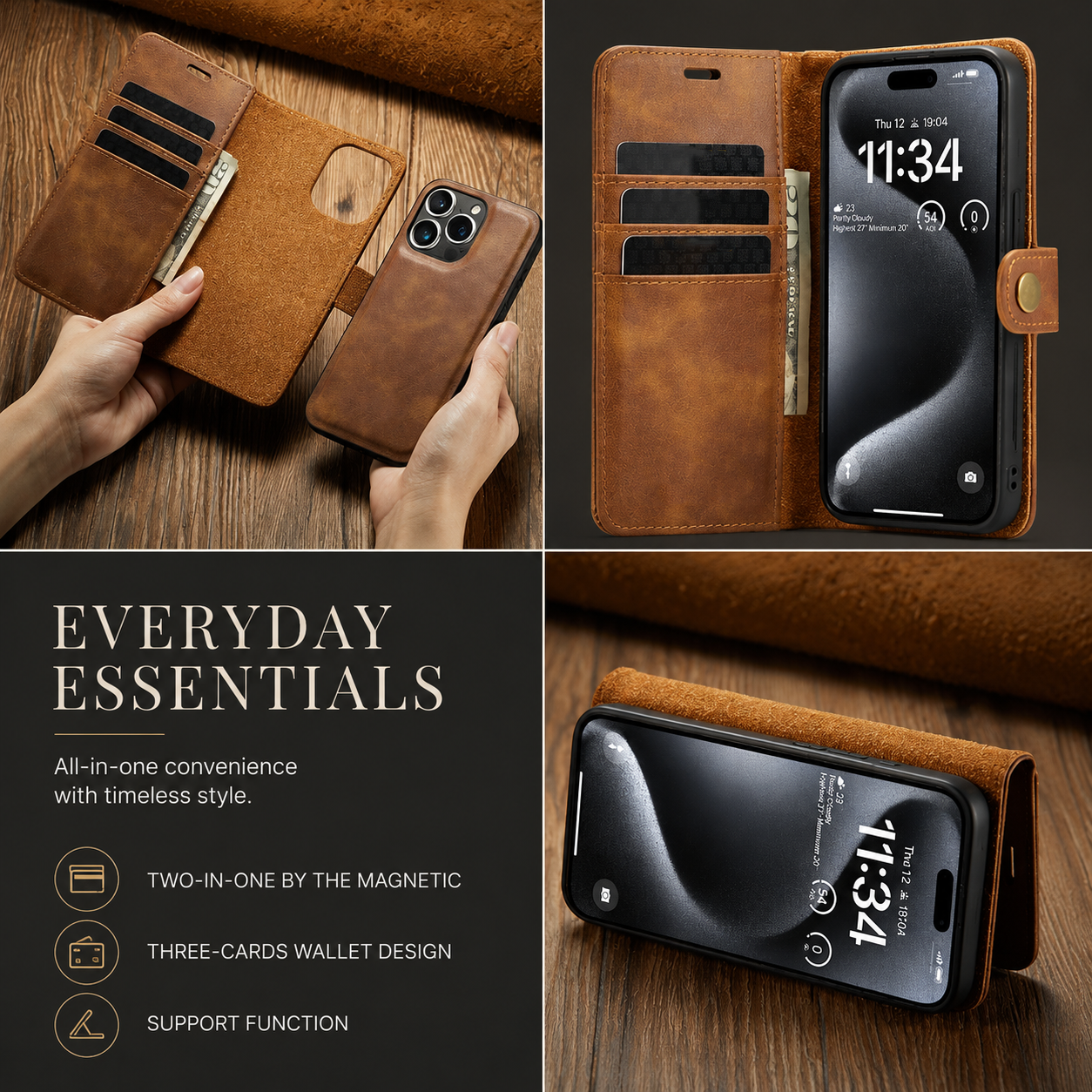 Premium iPhone Case Wallet MagSafe Compatible Detachable Magnetic Leather Protective Cover Card Holder Camera Lens Protection Shockproof Slim Design