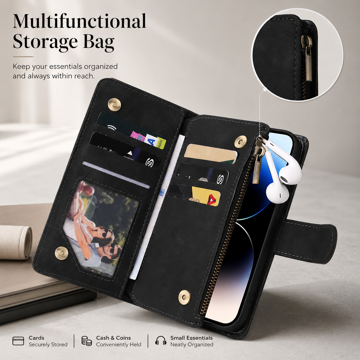 Premium iPhone Case Wallet MagSafe Compatible Leather Card Holder Protective Cover Camera Lens Protection Magnetic Closure Shockproof Slim Design