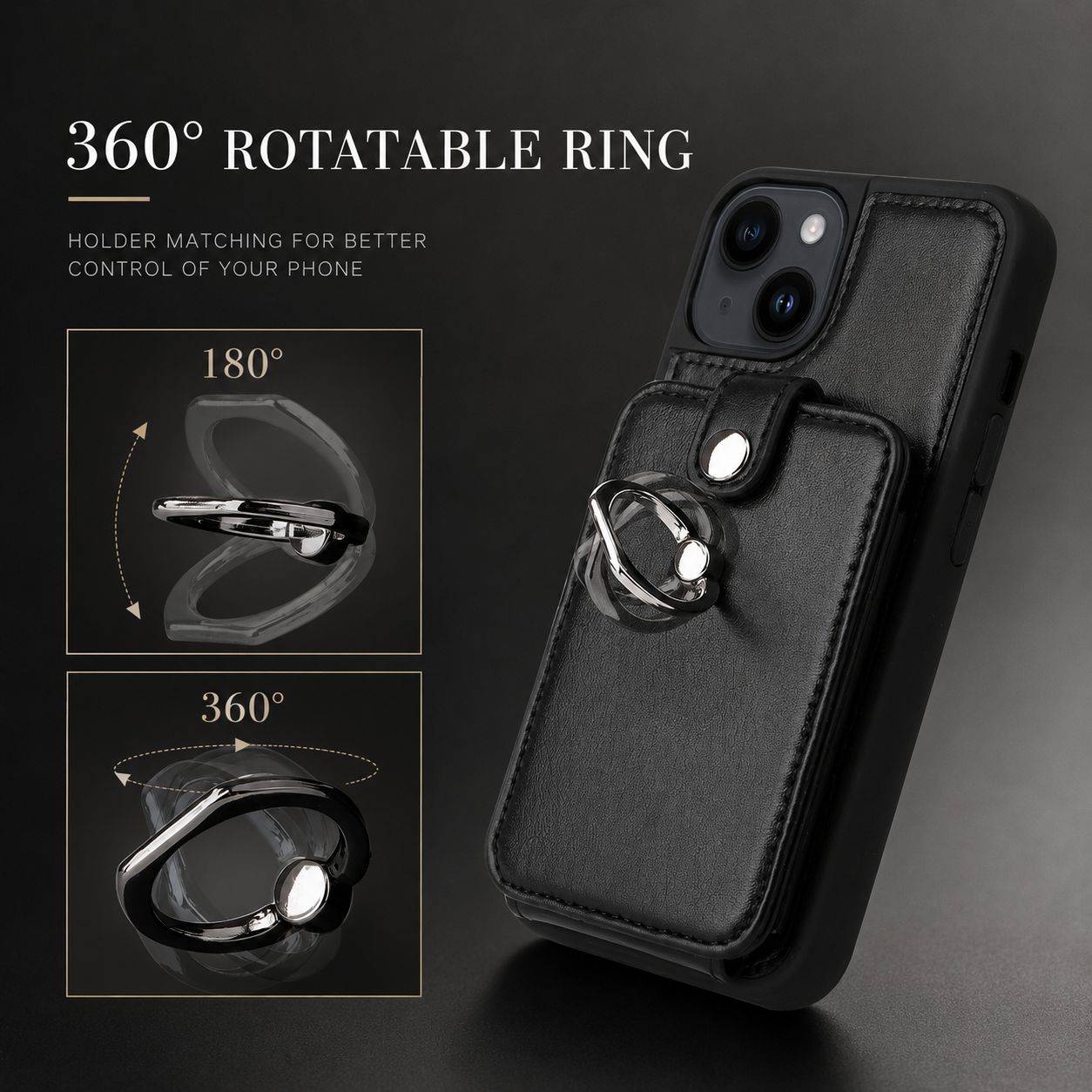 Premium iPhone Case Wallet MagSafe Compatible Leather Card Holder Ring Stand Protective Cover Camera Lens Protection Shockproof Slim Design