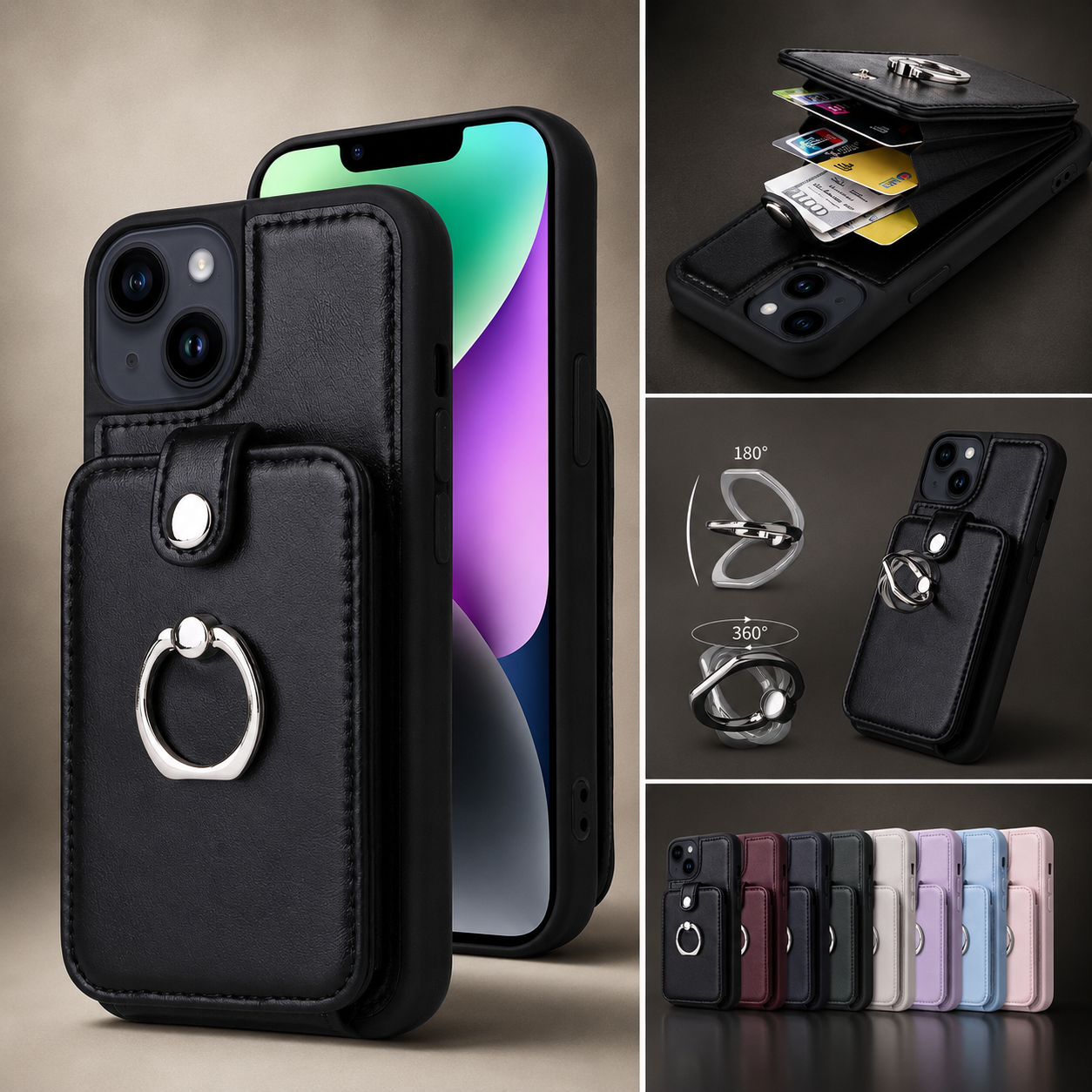 Premium iPhone Case Wallet MagSafe Compatible Leather Card Holder Ring Stand Protective Cover Camera Lens Protection Shockproof Slim Design