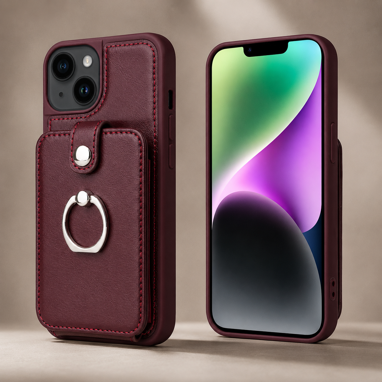 Premium iPhone Case Wallet MagSafe Compatible Leather Card Holder Ring Stand Protective Cover Camera Lens Protection Shockproof Slim Design
