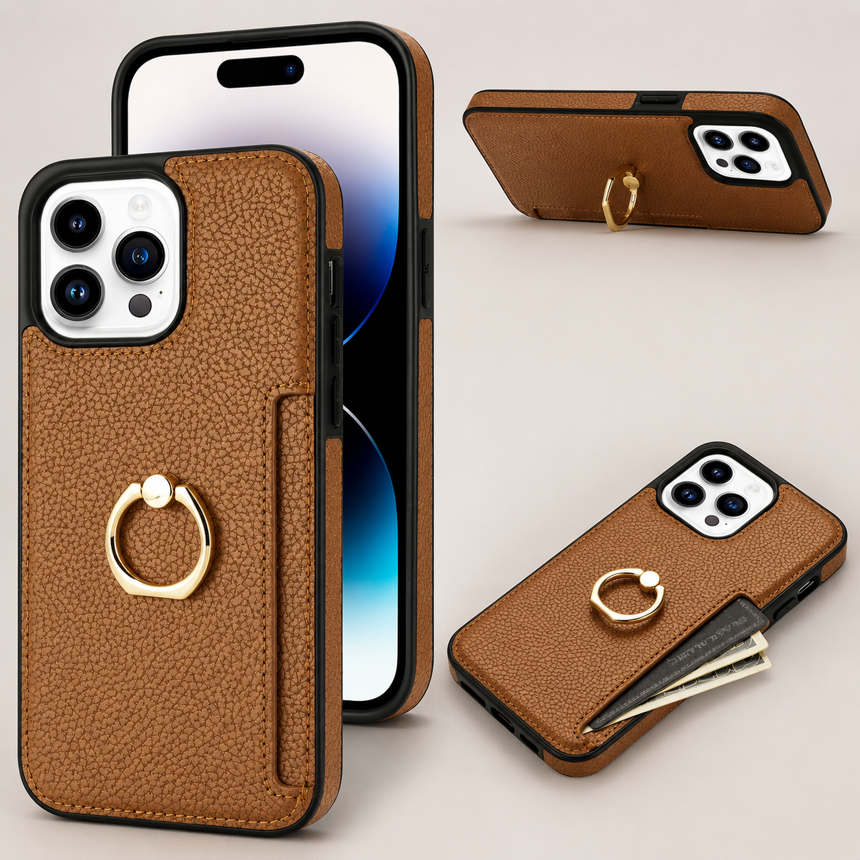 Premium iPhone Case Wallet MagSafe Compatible Leather Card Holder Ring Stand Shockproof Protective Cover Camera Lens Guard Wireless Charging