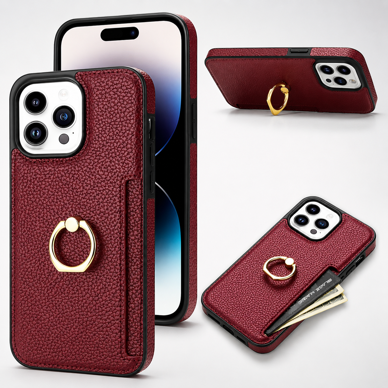 Premium iPhone Case Wallet MagSafe Compatible Leather Card Holder Ring Stand Shockproof Protective Cover Camera Lens Guard Wireless Charging