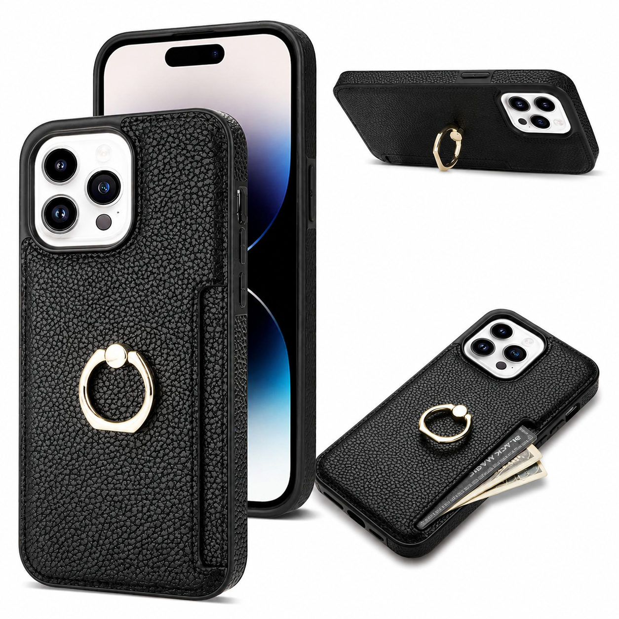 Premium iPhone Case Wallet MagSafe Compatible Leather Card Holder Ring Stand Shockproof Protective Cover Camera Lens Guard Wireless Charging