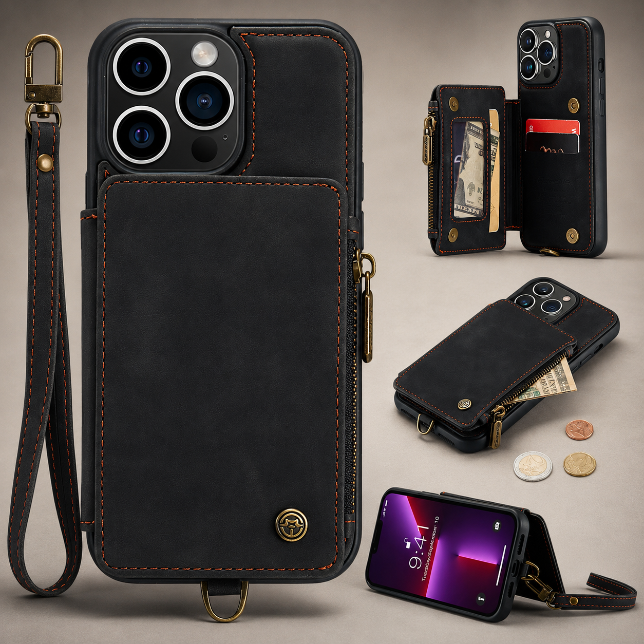 Premium iPhone Case Wallet MagSafe Compatible Leather Card Holder Stand Protective Cover Camera Lens Protection Shockproof Slim Design