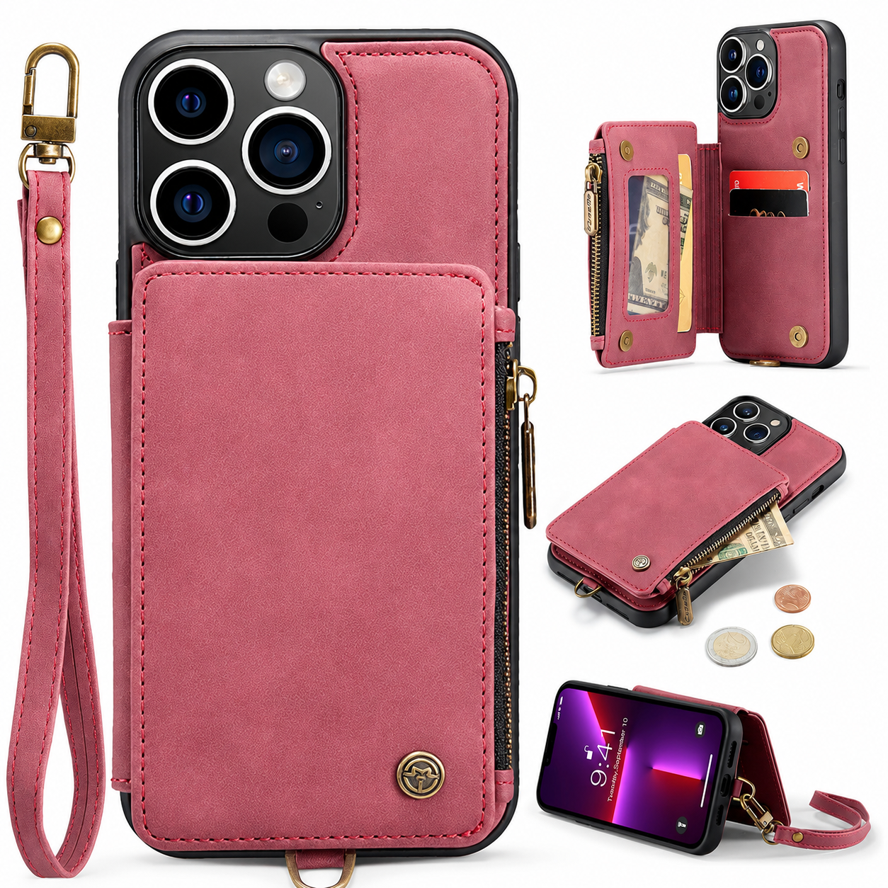 Premium iPhone Case Wallet MagSafe Compatible Leather Card Holder Stand Protective Cover Camera Lens Protection Shockproof Slim Design
