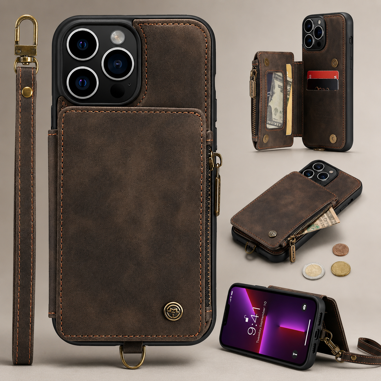 Premium iPhone Case Wallet MagSafe Compatible Leather Card Holder Stand Protective Cover Camera Lens Protection Shockproof Slim Design
