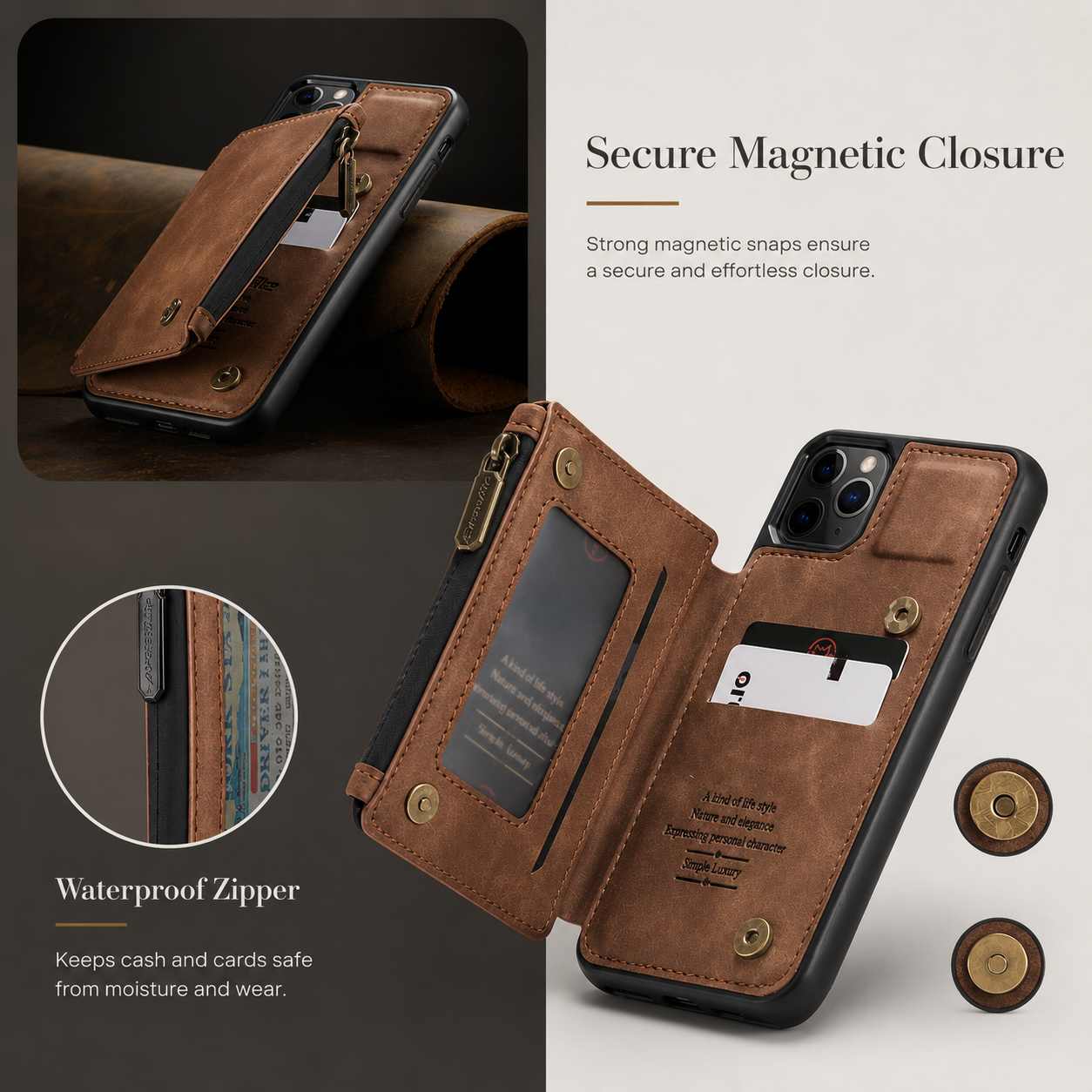 Premium iPhone Case Wallet MagSafe Compatible Leather Card Holder Stand Protective Cover Camera Lens Protection Shockproof Slim Design