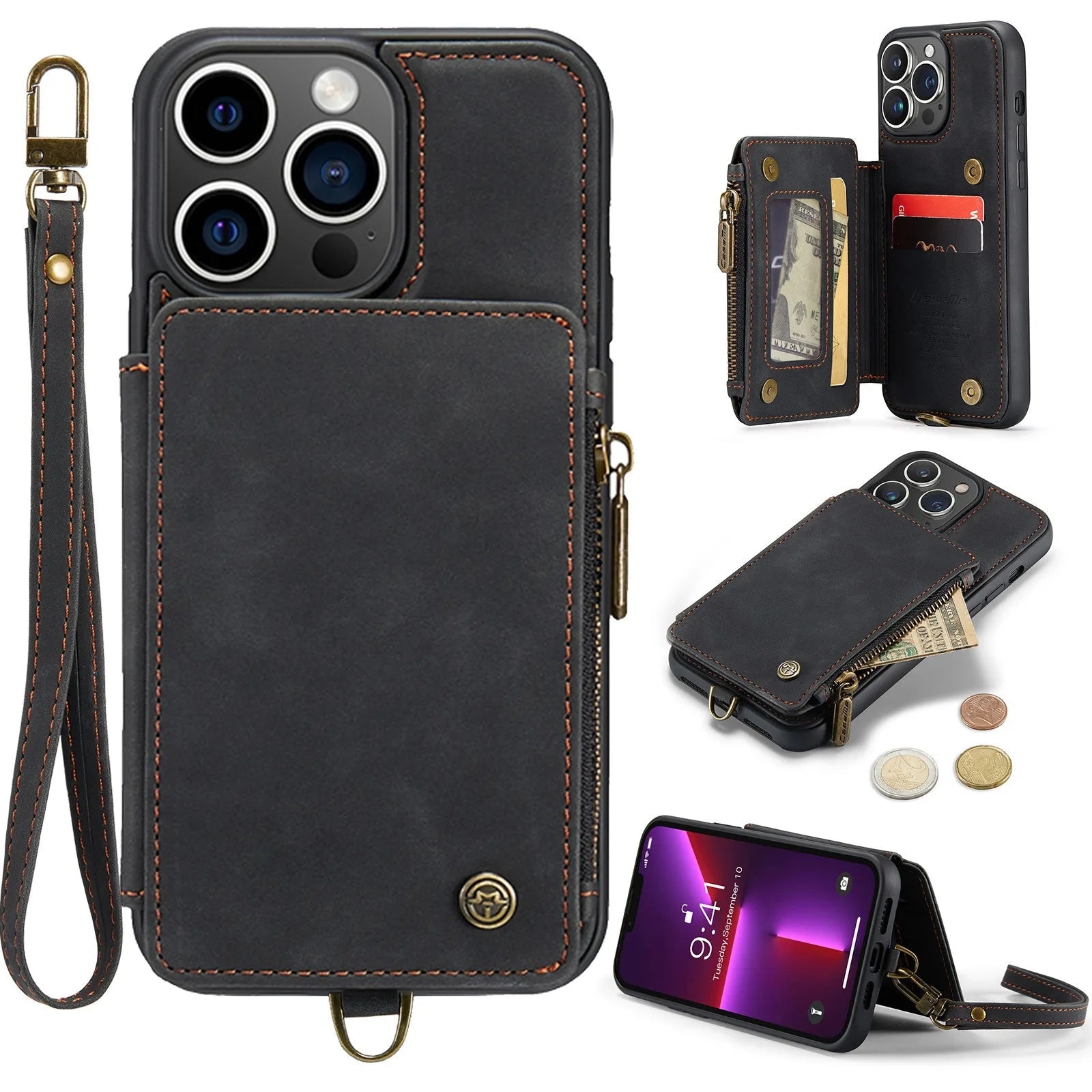 Premium iPhone Case Wallet MagSafe Compatible Leather Card Holder Stand Protective Cover Camera Lens Protection Shockproof Slim Design