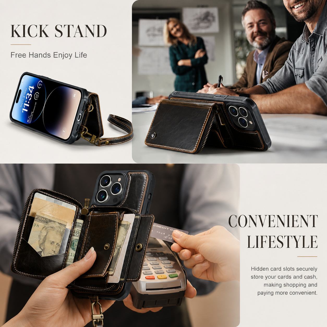 Premium iPhone Case Wallet MagSafe Compatible Magnetic Crossbody Cover Card Holder Strap Stand Function Camera Lens Protection Shockproof Slim Design