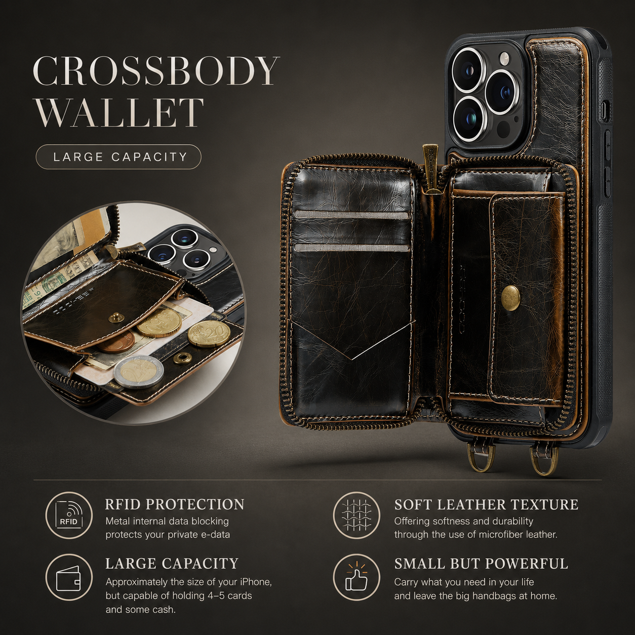 Premium iPhone Case Wallet MagSafe Compatible Magnetic Crossbody Cover Card Holder Strap Stand Function Camera Lens Protection Shockproof Slim Design
