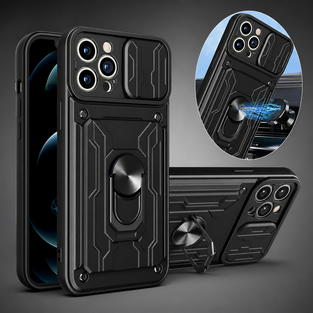Premium iPhone Case Wallet MagSafe Compatible Silicone Card Holder Ring Stand Protective Cover Camera Lens Protection Shockproof Slim Design