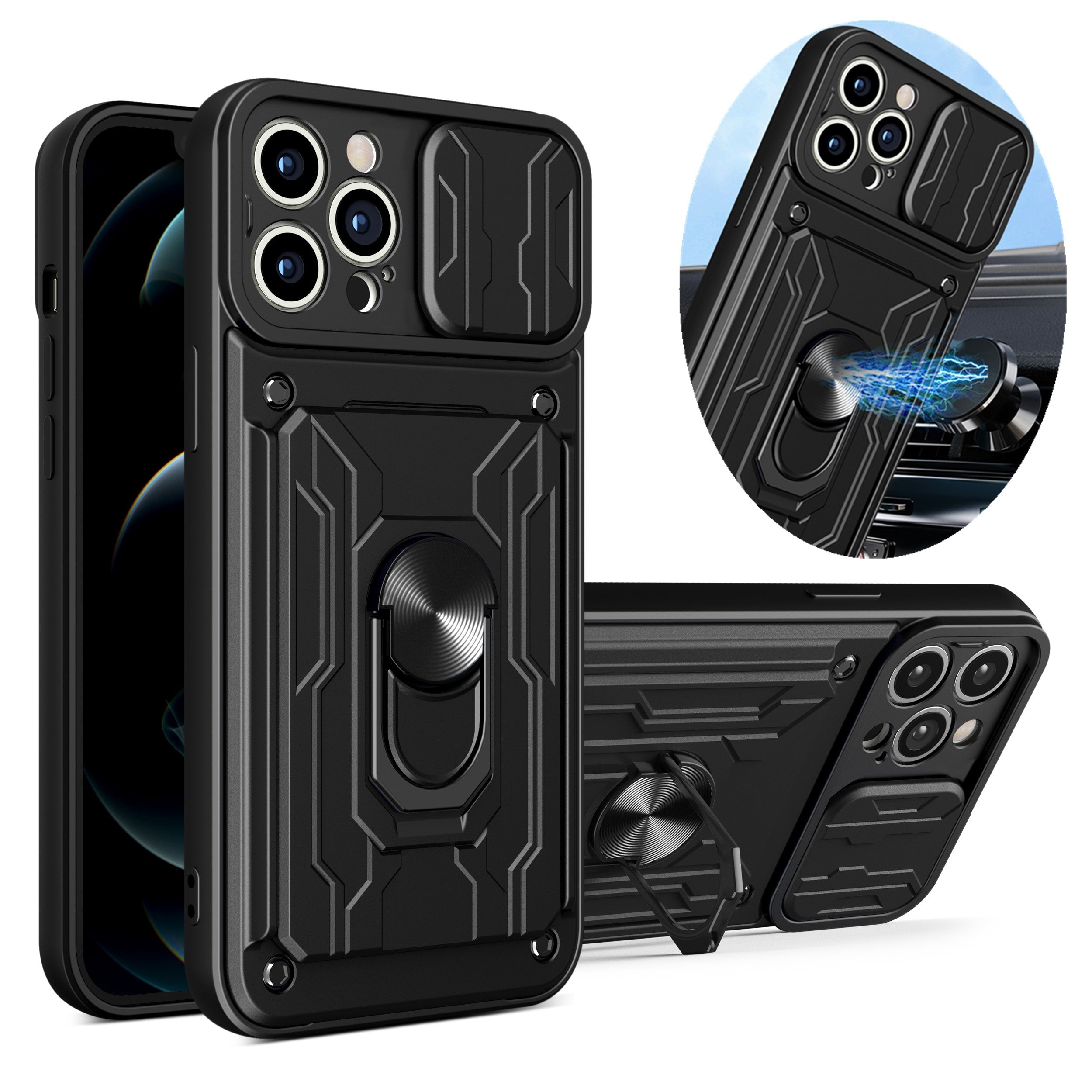 Premium iPhone Case Wallet MagSafe Compatible Silicone Card Holder Ring Stand Protective Cover Camera Lens Protection Shockproof Slim Design