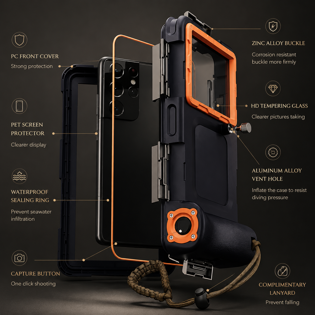 Premium iPhone Case Waterproof Full Housing Protective Cover 15m Diving 50ft Swimming Holster Lanyard Shockproof Heavy Duty Outdoor Case Dustproof Secure Seal Design