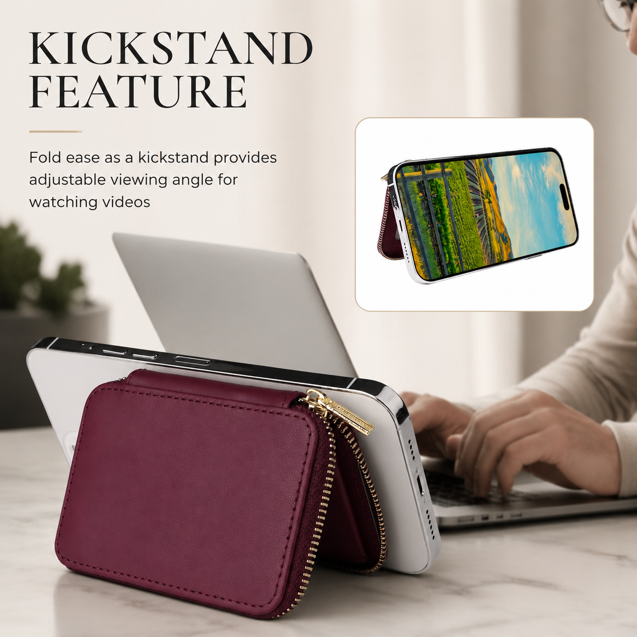 Premium iPhone MagSafe Compatible Leather Wallet RFID Blocking Magnetic Card Holder Secure Storage Anti Scratch Non Slip Lanyard Travel Support