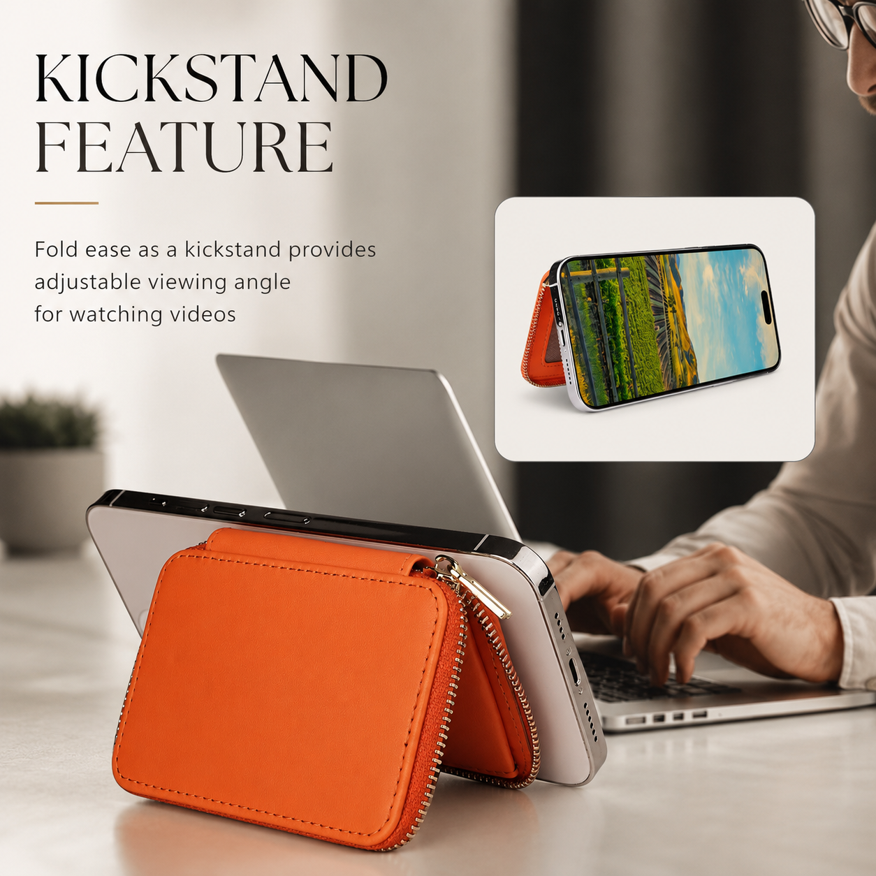 Premium iPhone MagSafe Compatible Leather Wallet RFID Blocking Magnetic Card Holder Secure Storage Anti Scratch Non Slip Lanyard Travel Support