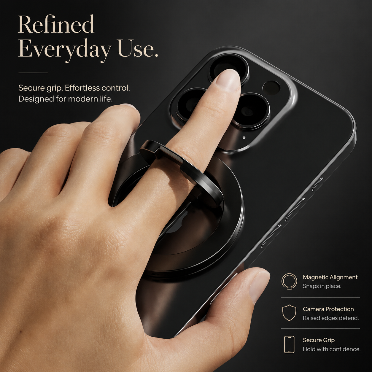 Premium iPhone MagSafe Compatible Magnetic Ring Holder Phone Grip Stand Dual Magnet Support Secure Finger Loop Portable Design Travel Accessory Mount