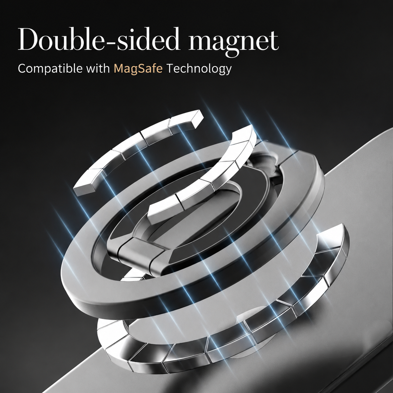 Premium iPhone MagSafe Compatible Magnetic Ring Holder Phone Grip Stand Dual Magnet Support Secure Finger Loop Portable Design Travel Accessory Mount