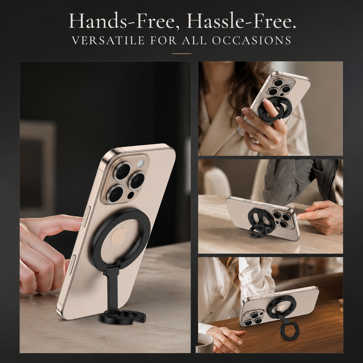 Premium iPhone MagSafe Compatible Magnetic Ring Holder Phone Grip Stand Dual Magnet Support Secure Finger Loop Portable Design Travel Accessory Mount