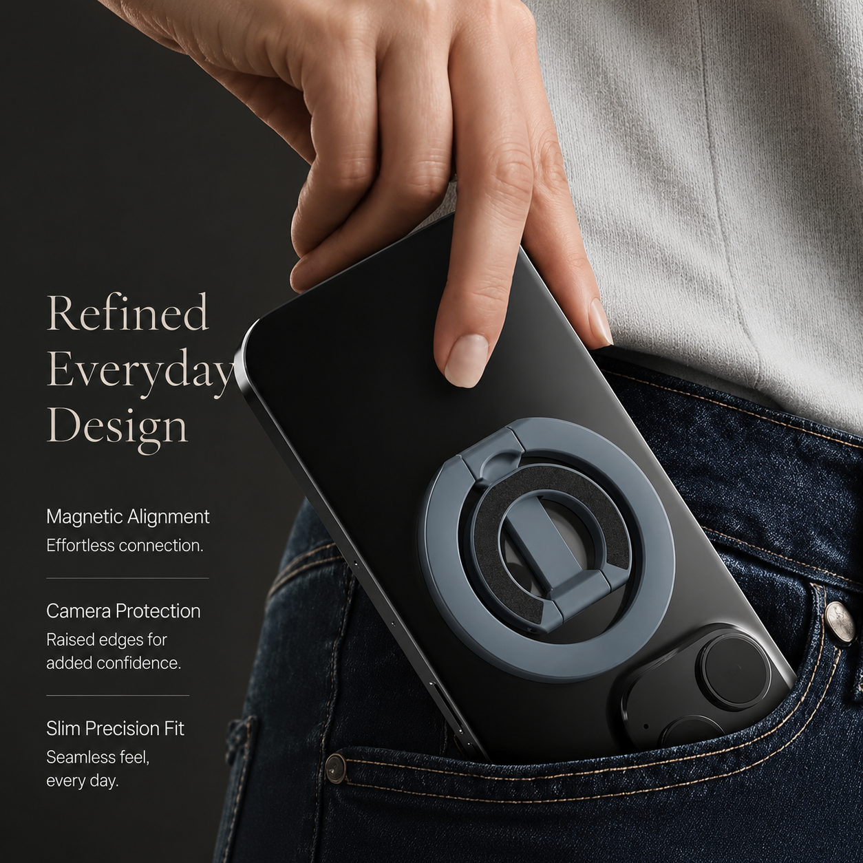 Premium iPhone MagSafe Compatible Magnetic Ring Holder Phone Grip Stand Dual Magnet Support Secure Finger Loop Portable Design Travel Accessory Mount