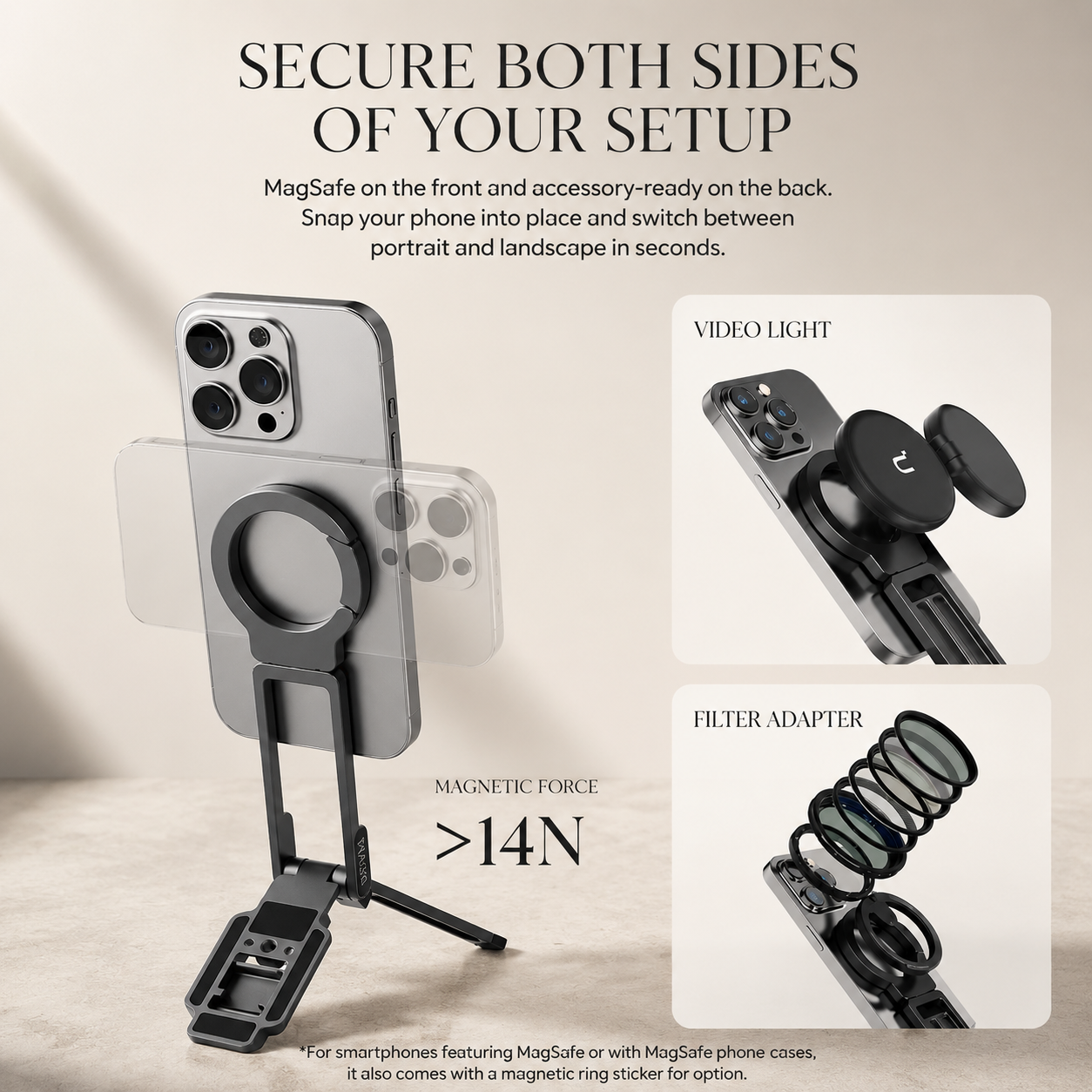 Premium iPhone MagSafe Compatible Magnetic Tripod Stand Pocket Holder N52 Magnet Grip 360 Adjustable Foldable Alloy Travel Design Portable Mount