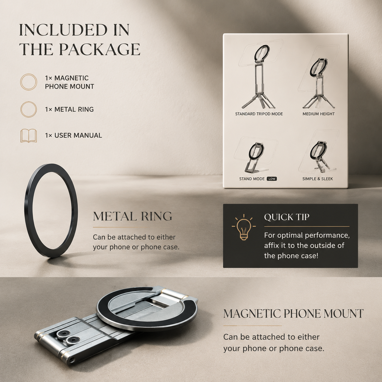 Premium iPhone MagSafe Compatible Magnetic Tripod Stand Pocket Holder N52 Magnet Grip 360 Adjustable Foldable Alloy Travel Design Portable Mount