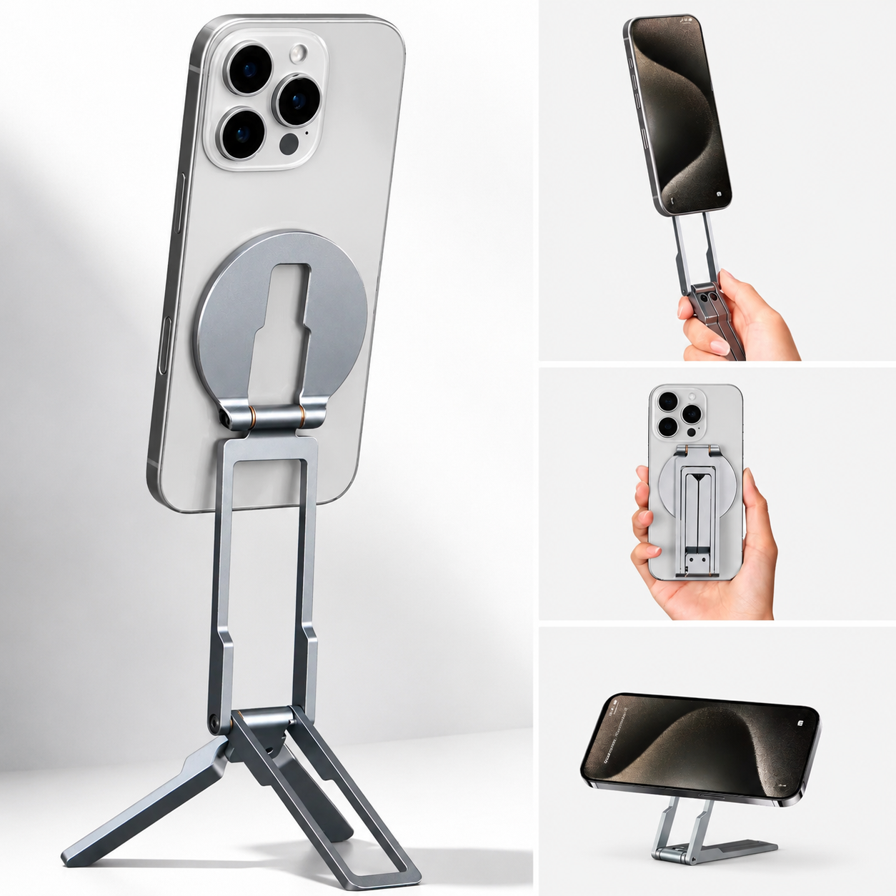 Premium iPhone MagSafe Compatible Magnetic Tripod Stand Pocket Holder N52 Magnet Grip 360 Adjustable Foldable Alloy Travel Design Portable Mount