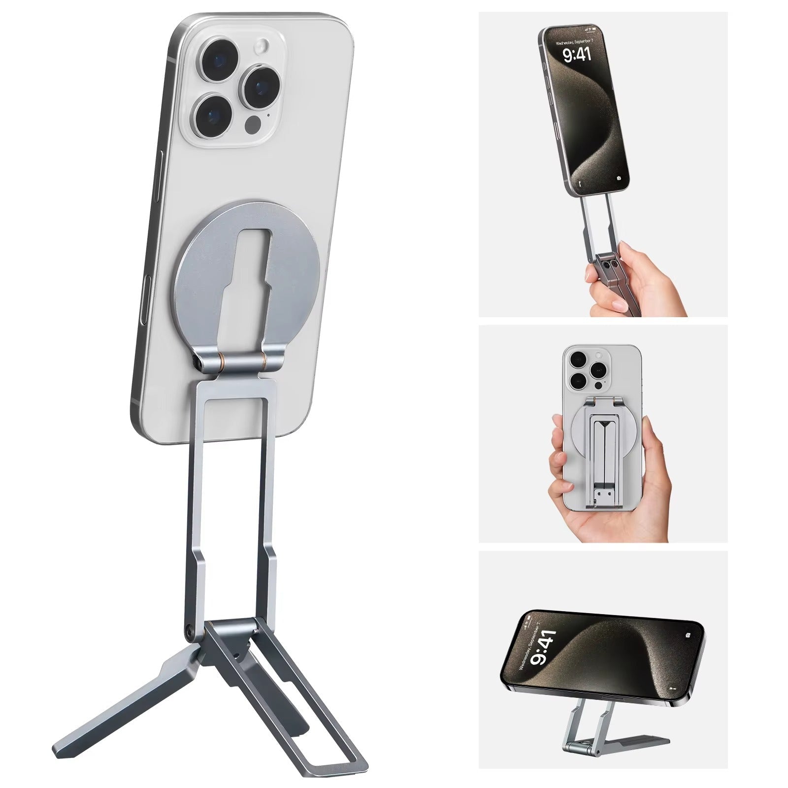 Premium iPhone MagSafe Compatible Magnetic Tripod Stand Pocket Holder N52 Magnet Grip 360 Adjustable Foldable Alloy Travel Design Portable Mount