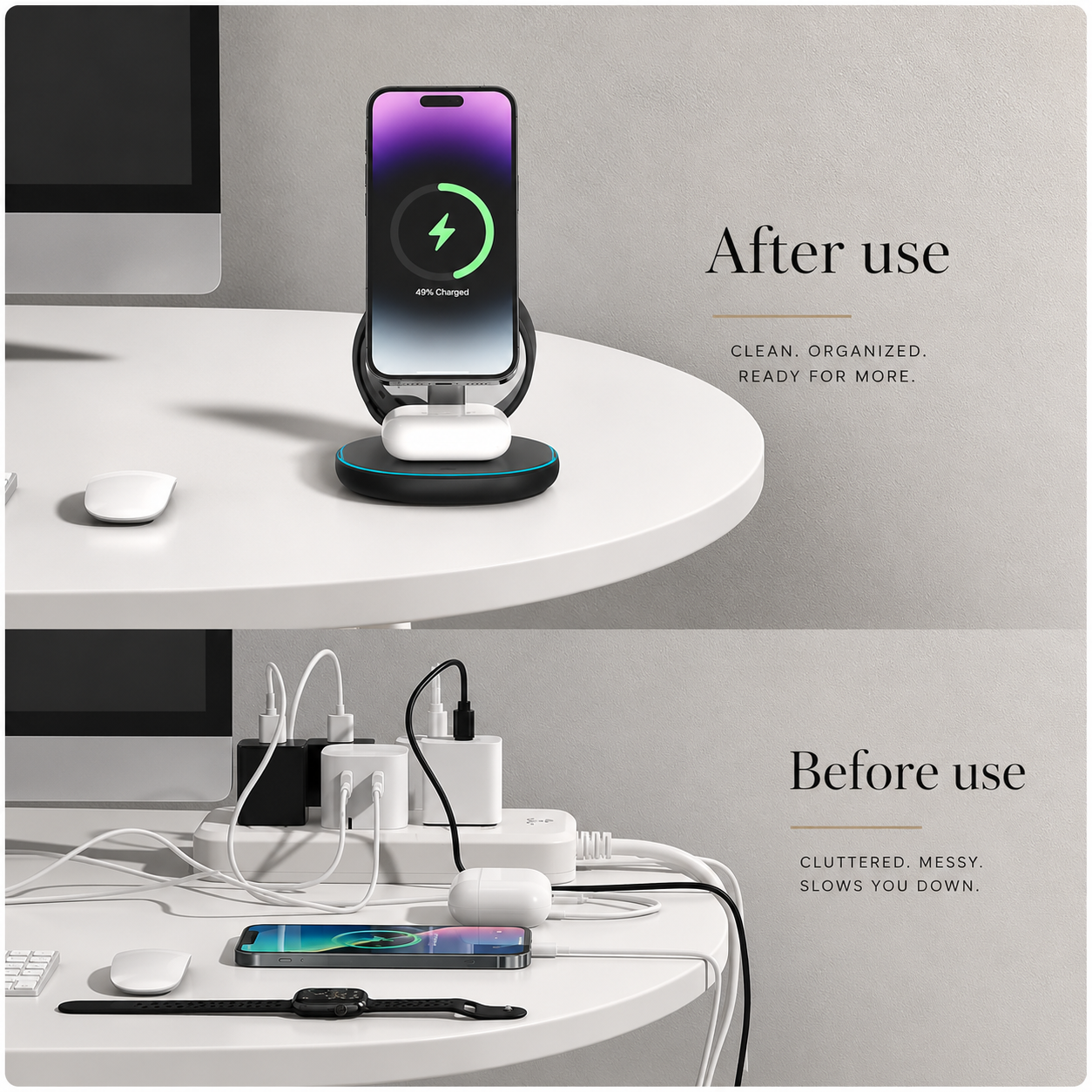 Premium iPhone MagSafe Wireless Charger 3 in 1 Magnetic Charging Station Fast Power Stand Watch Earbuds Type C Input Desktop Organizer Dock Holder