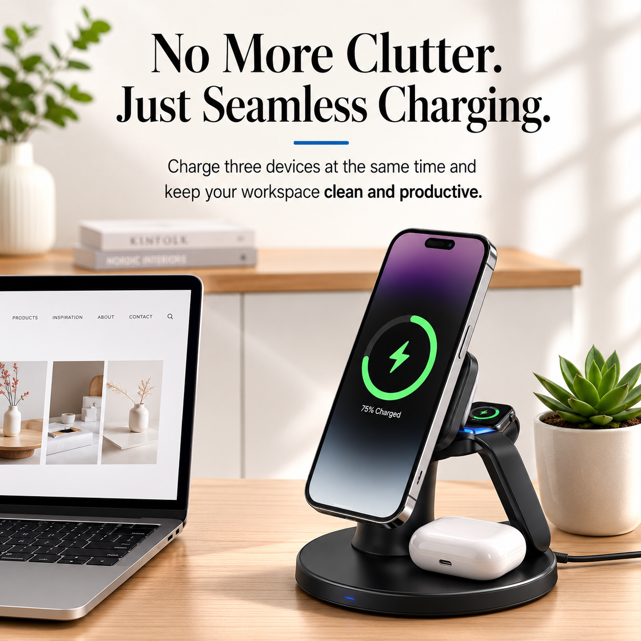 Premium iPhone MagSafe Wireless Charger 3 in 1 Magnetic Charging Station Fast Power Stand Watch Earbuds Type C Input Desktop Organizer Dock Holder