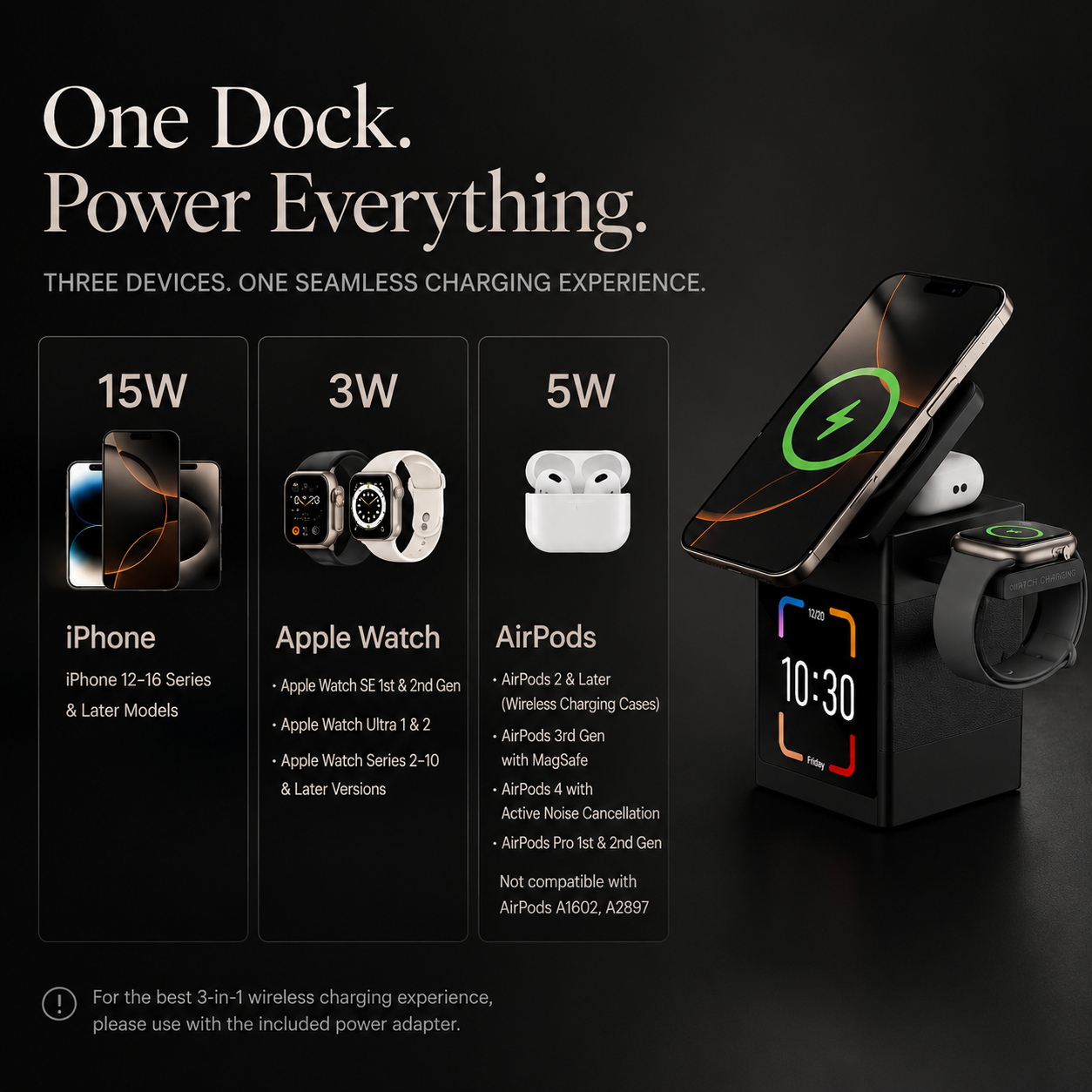 Premium iPhone Magnetic Wireless Charging Station 15W Fast Charger LED Display Bluetooth Speaker Alarm Clock Desktop Stand Bedside Organizer Docking