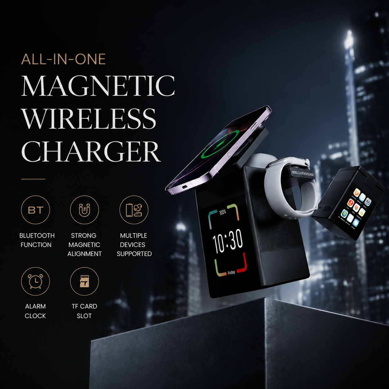 Premium iPhone Magnetic Wireless Charging Station 15W Fast Charger LED Display Bluetooth Speaker Alarm Clock Desktop Stand Bedside Organizer Docking