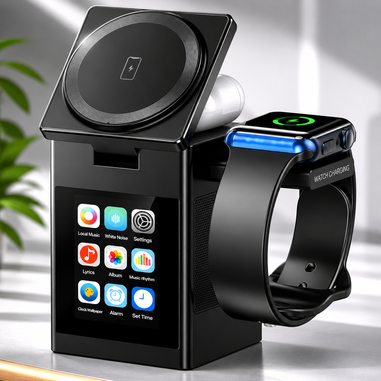 Premium iPhone Magnetic Wireless Charging Station 15W Fast Charger LED Display Bluetooth Speaker Alarm Clock Desktop Stand Bedside Organizer Docking