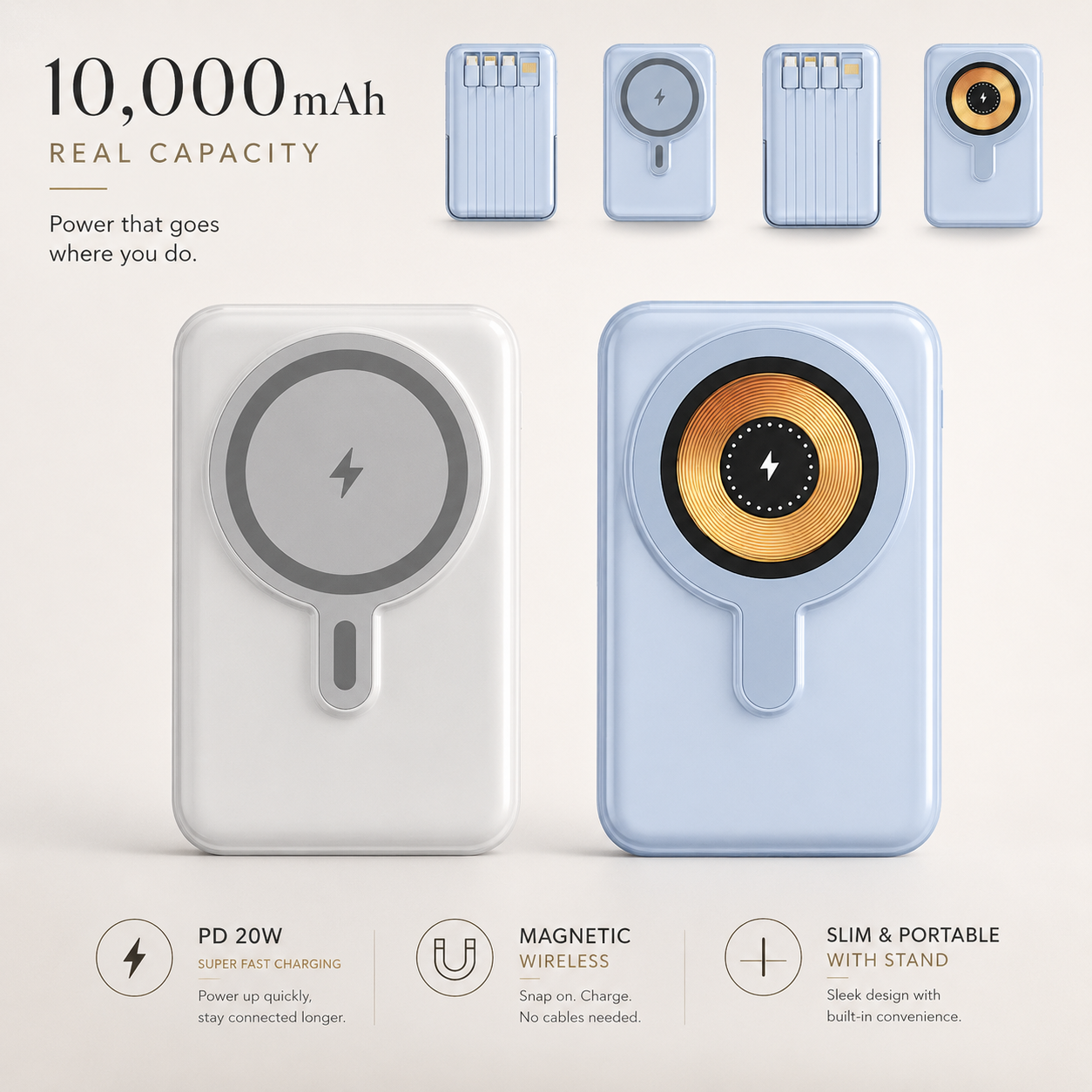 Premium iPhone Magnetic Wireless Power Bank 22.5W Fast Charging Portable Battery Built In Cable Stand 10000mAh PD External Battery Pack Charger