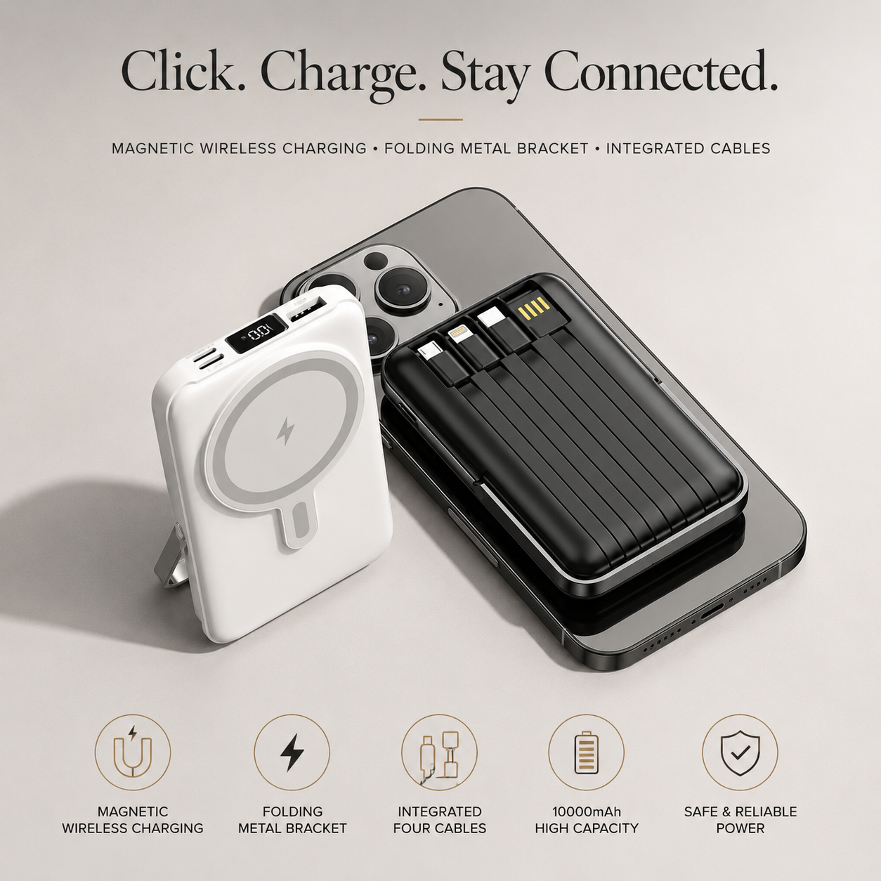 Premium iPhone Magnetic Wireless Power Bank 22.5W Fast Charging Portable Battery Built In Cable Stand 10000mAh PD External Battery Pack Charger