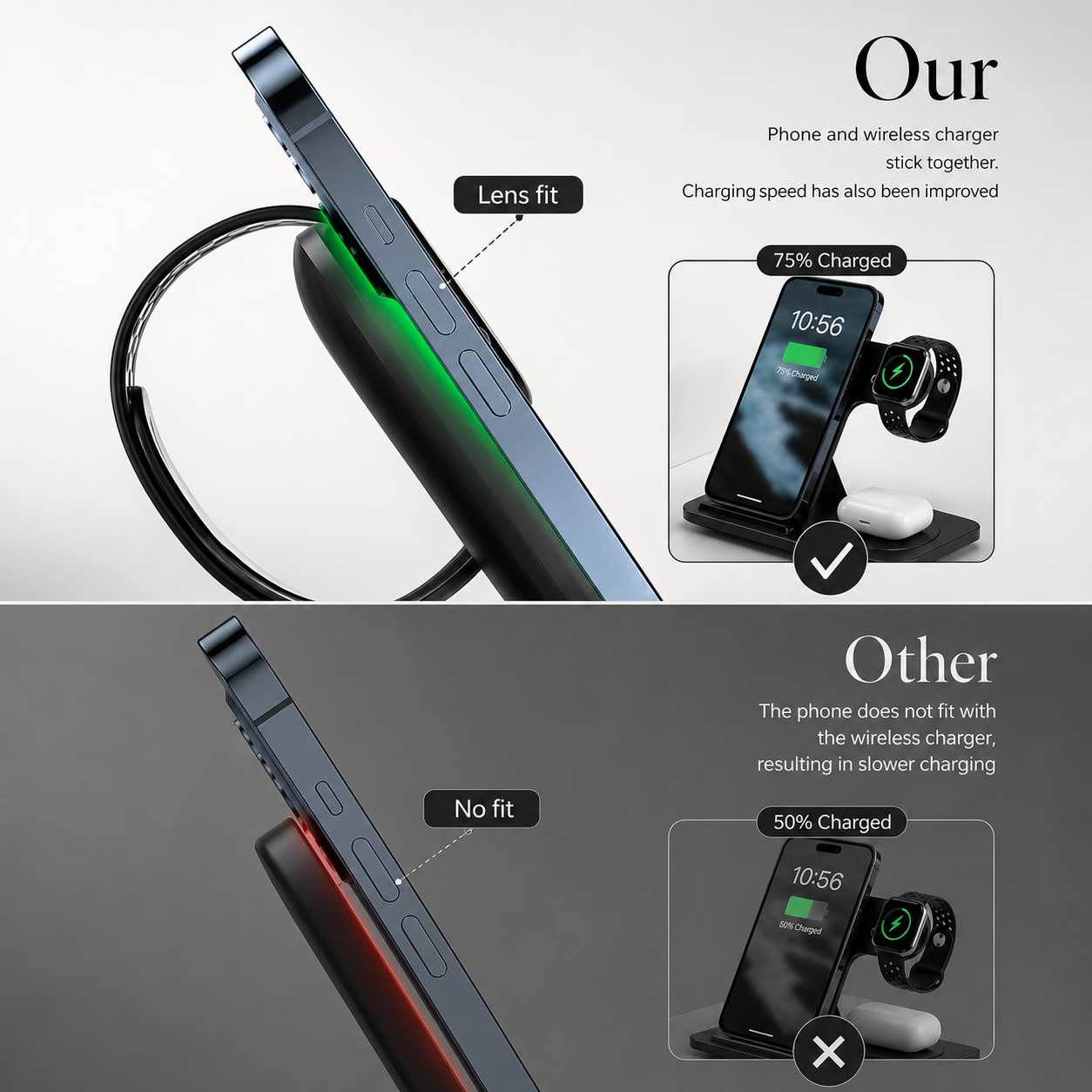 Premium iPhone Wireless Charger 3 in 1 Foldable Charging Station Fast Charging Stand Watch Earbuds LED Indicator Travel Friendly Desktop Organizer