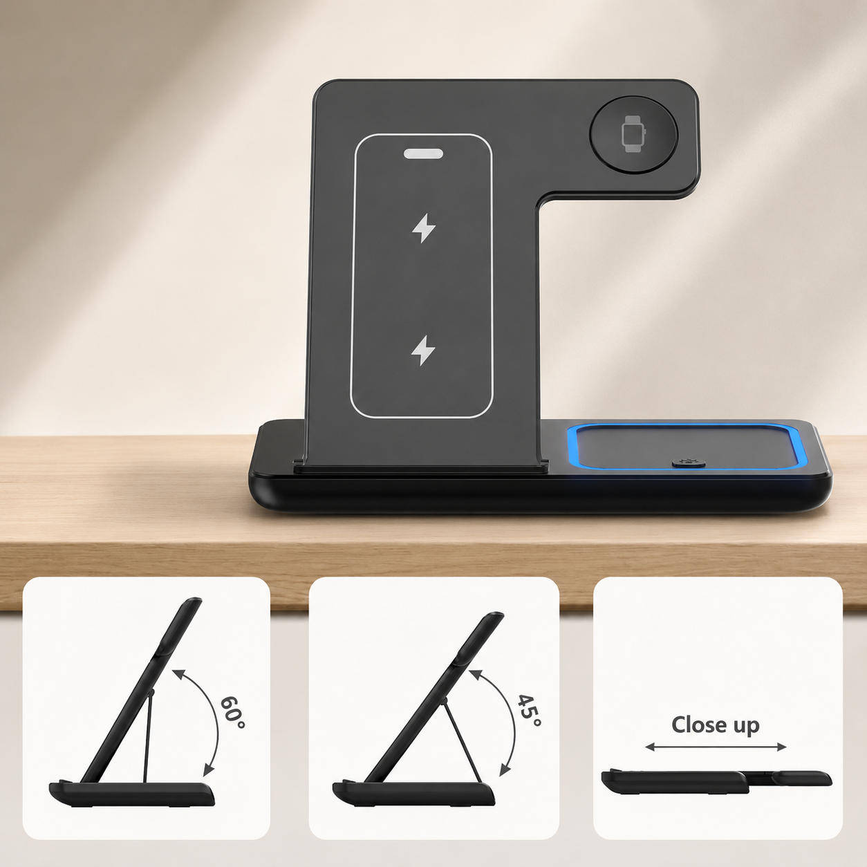 Premium iPhone Wireless Charger 3 in 1 Foldable Charging Station Fast Charging Stand Watch Earbuds LED Indicator Travel Friendly Desktop Organizer