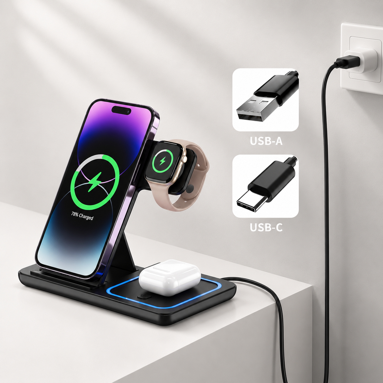 Premium iPhone Wireless Charger 3 in 1 Foldable Charging Station Fast Charging Stand Watch Earbuds LED Indicator Travel Friendly Desktop Organizer