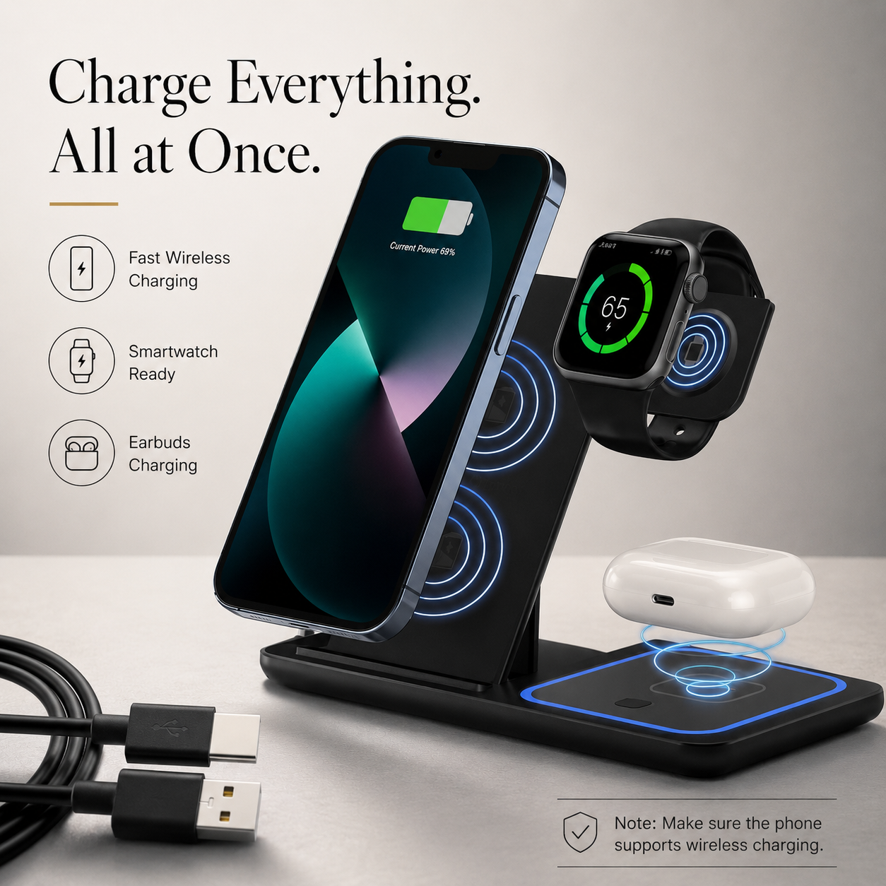 Premium iPhone Wireless Charger 3 in 1 Foldable Charging Station Fast Charging Stand Watch Earbuds LED Indicator Travel Friendly Desktop Organizer
