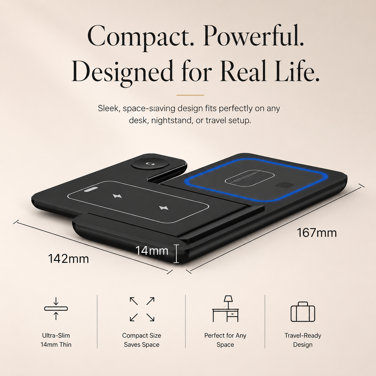 Premium iPhone Wireless Charger 3 in 1 Foldable Charging Station Fast Charging Stand Watch Earbuds LED Indicator Travel Friendly Desktop Organizer