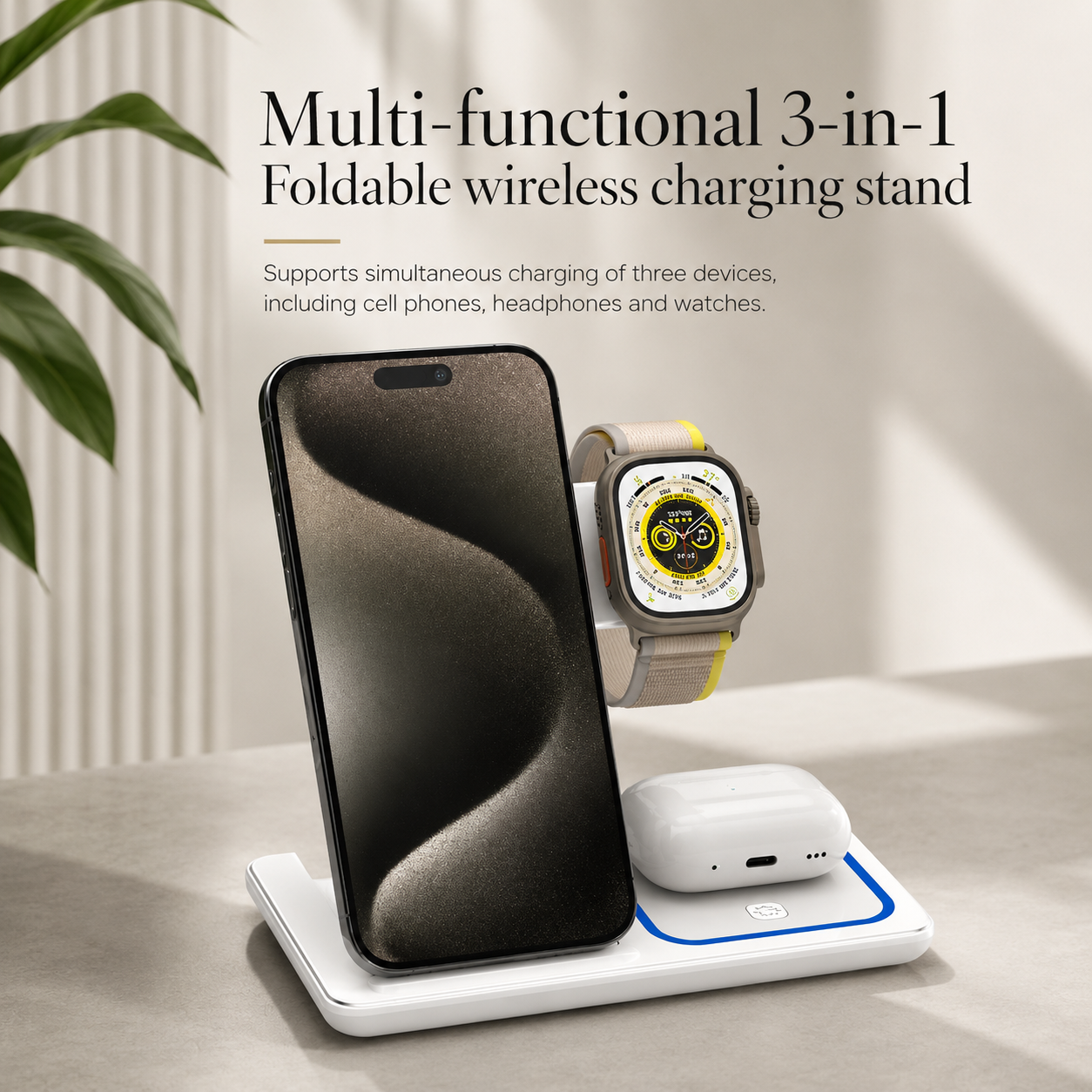 Premium iPhone Wireless Charger 3 in 1 Foldable Charging Station Fast Charging Stand Watch Earbuds LED Indicator Travel Friendly Desktop Organizer