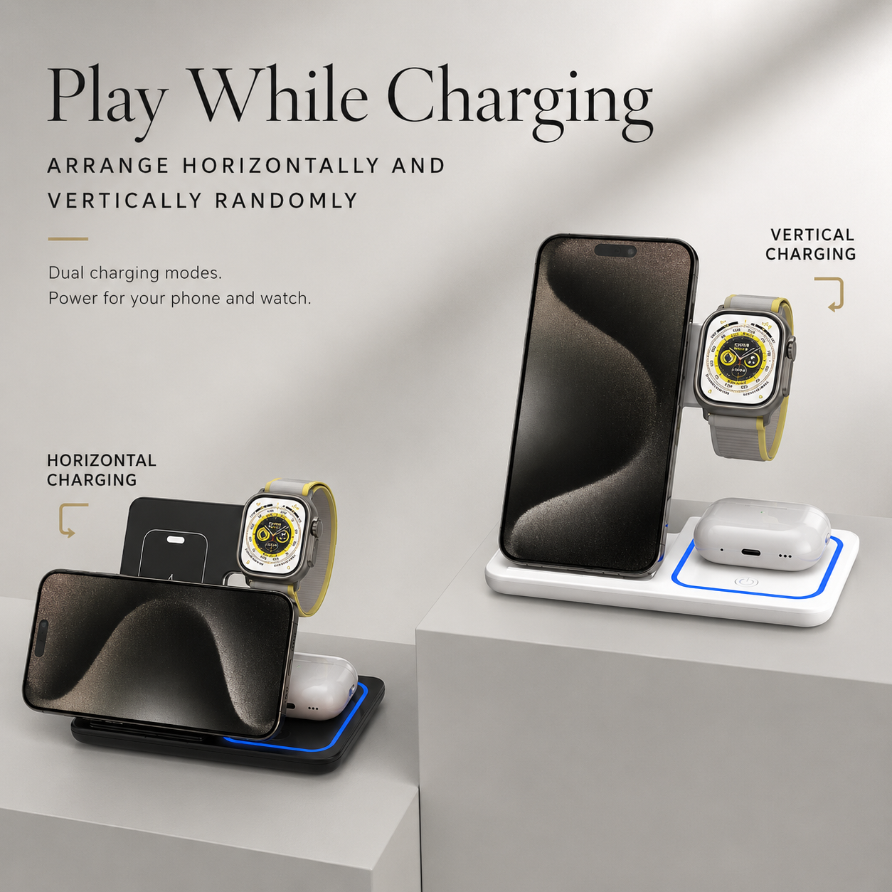 Premium iPhone Wireless Charger 3 in 1 Foldable Charging Station Fast Charging Stand Watch Earbuds LED Indicator Travel Friendly Desktop Organizer