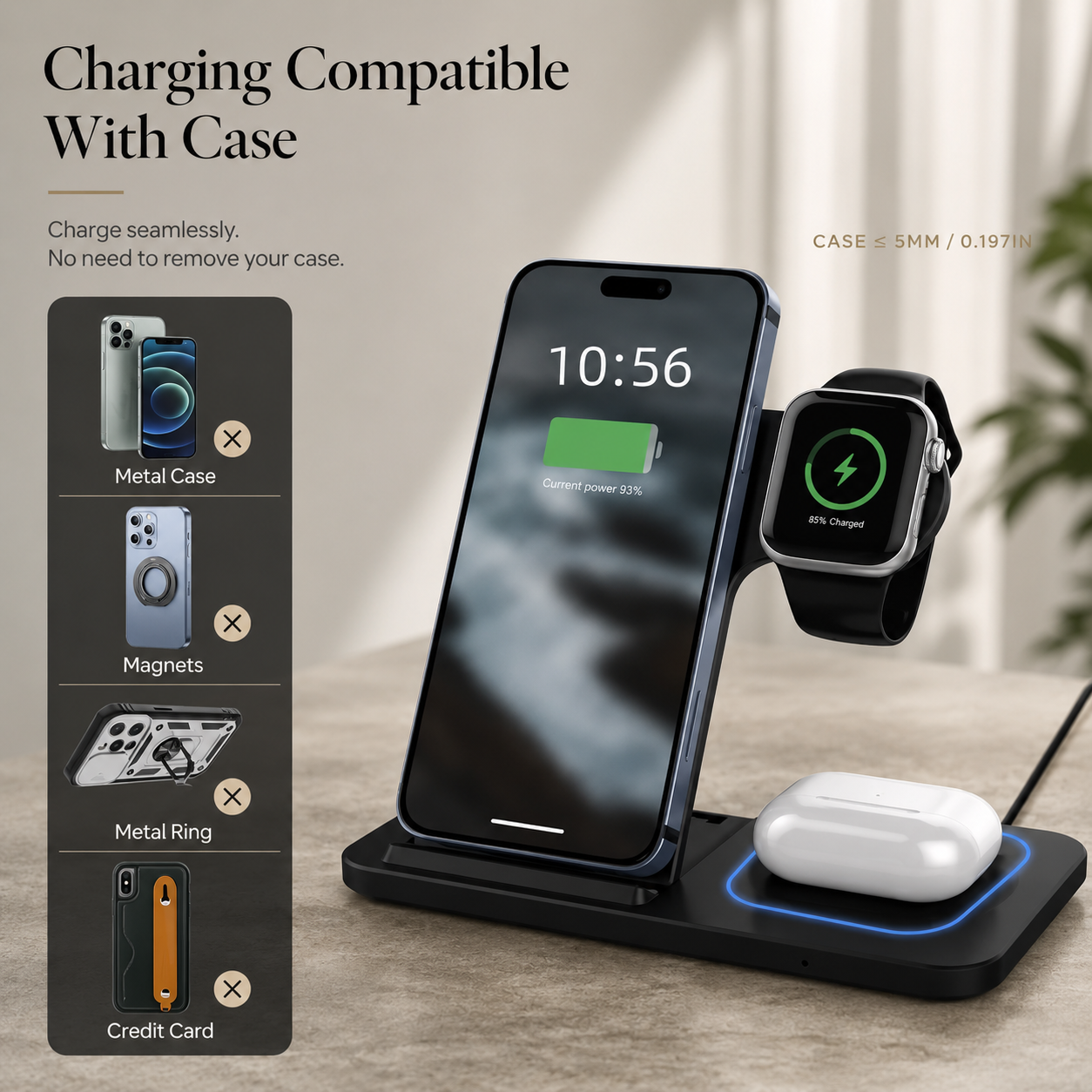 Premium iPhone Wireless Charger 3 in 1 Foldable Charging Station Fast Charging Stand Watch Earbuds LED Indicator Travel Friendly Desktop Organizer