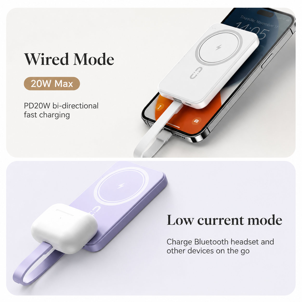 Premium iPhone Wireless Power Bank 23W Fast Charging Portable Battery LED Display Built In Cables Flashlight Hand Warmer Charger Emergency Utility