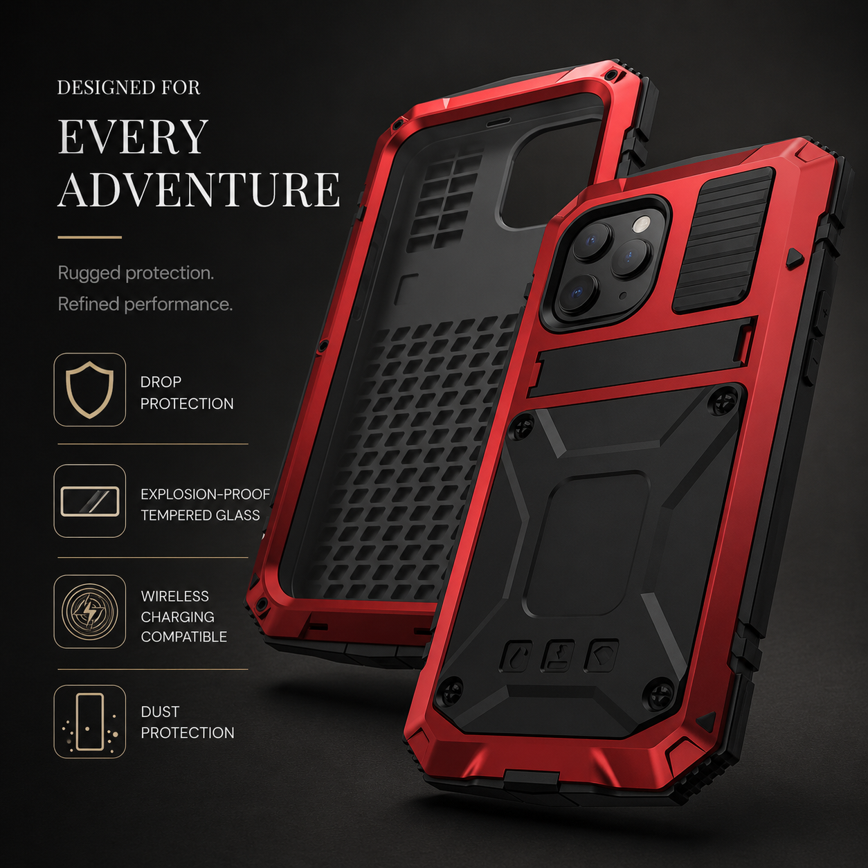 Rugged Aluminum Armor iPhone Case with Tempered Glass Screen Protector, Water-Resistant Design, Built-In Kickstand, Shockproof Protection and Camera Lens Guard