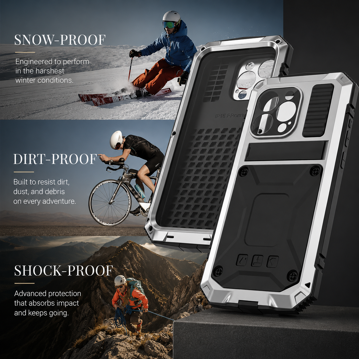 Rugged Aluminum Armor iPhone Case with Tempered Glass Screen Protector, Water-Resistant Design, Built-In Kickstand, Shockproof Protection and Camera Lens Guard
