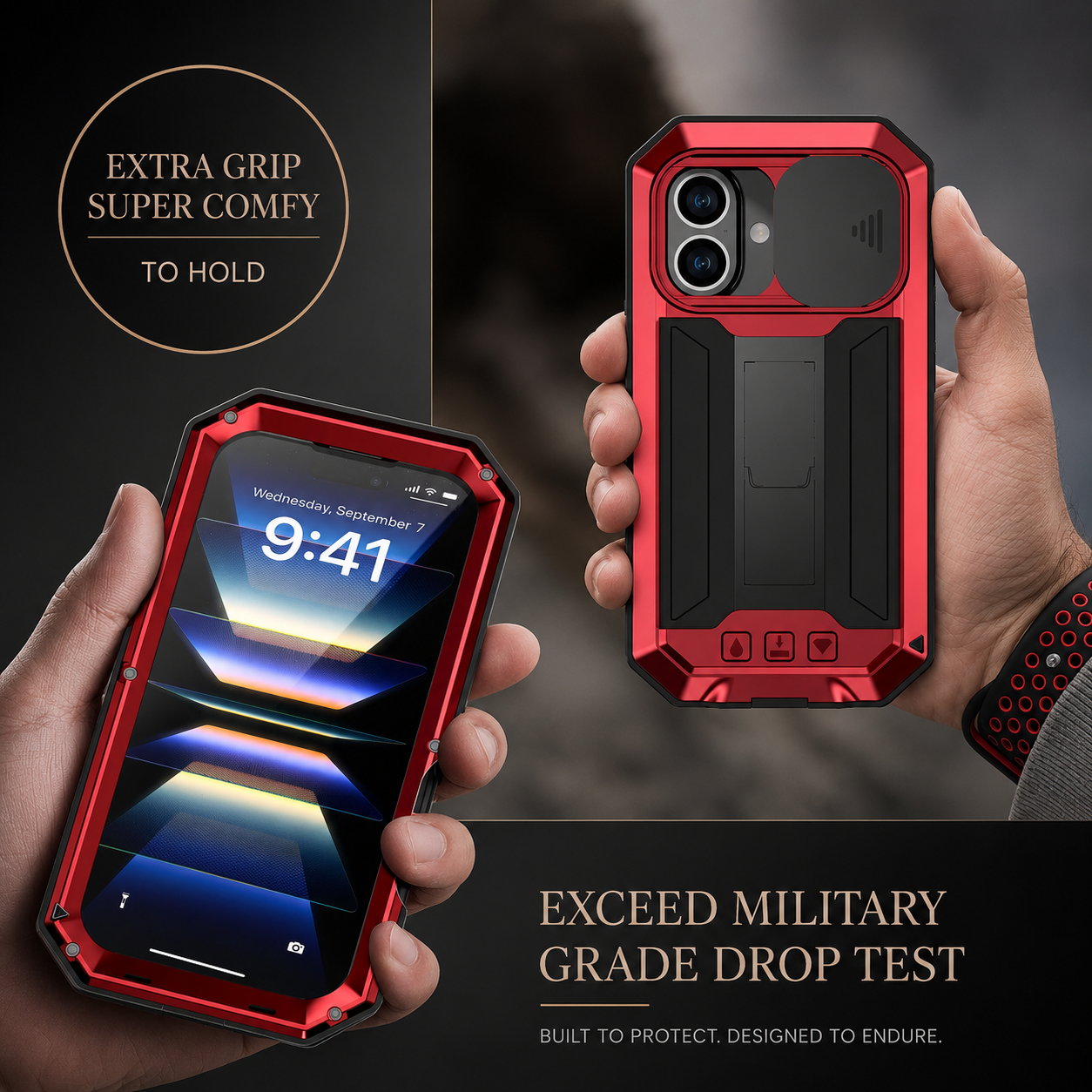Rugged Aluminum Armor iPhone Case with Tempered Glass Screen Protector, Water-Resistant Design, Built-In Kickstand, Shockproof Protection and Camera Lens Guard